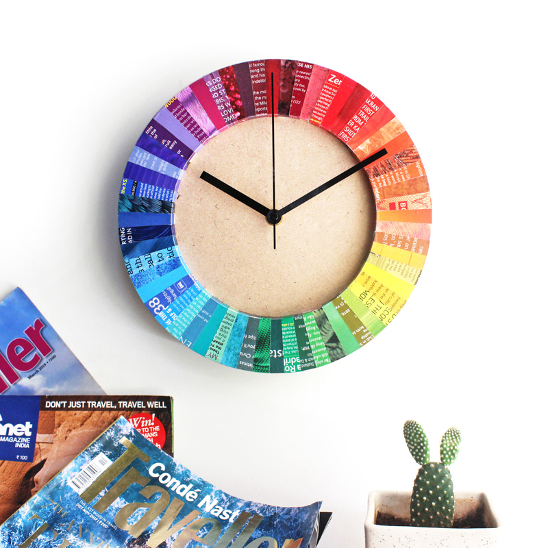 rainbow clock recycled magazine home decor