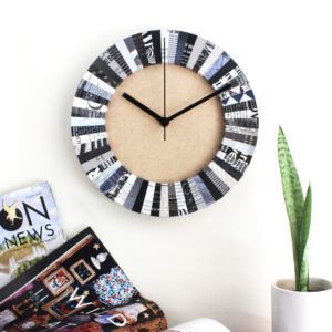 recycled magazine clock black white